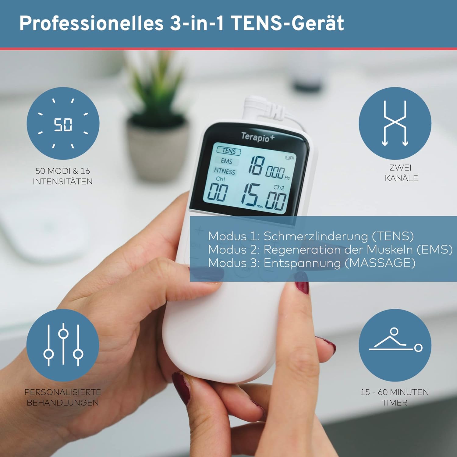 Aparat de electrostimulare musculara Kentro, 4 electrozi, 16 programe, display Led, Alb - imagine 3